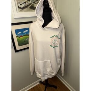 Smiley World Pizza Delivery Service Cream Beige Retro Streetwear Hoodie Sz XL